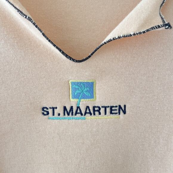 Y2K Baby Tee Lettuce Hem St. Maarten Top Peach Ruffle Edge Retro Travel Shirt M - Picture 3 of 6